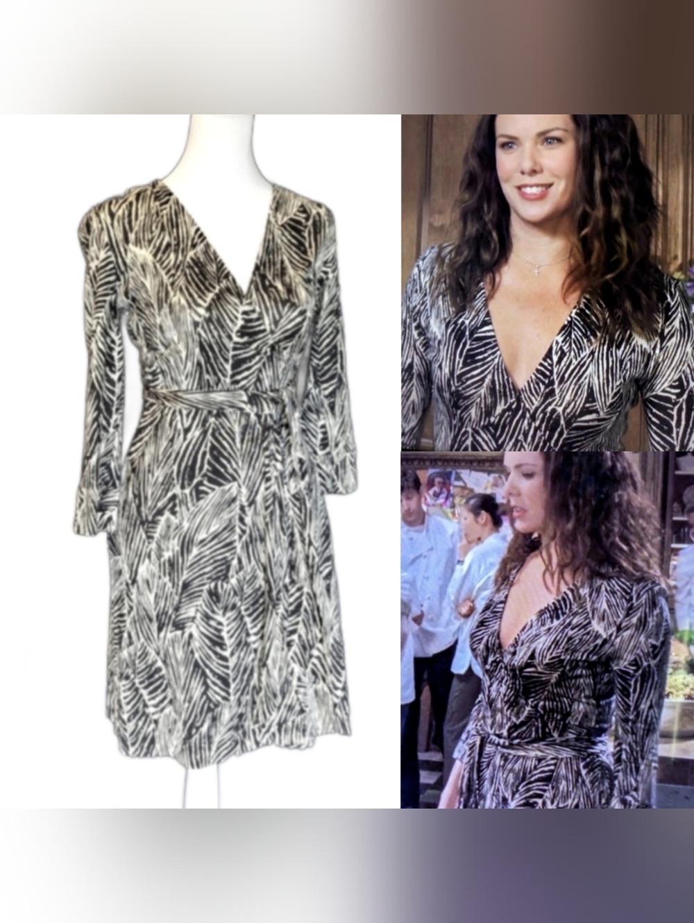 ASO Gilmore Girls Rare Vintage DVF Wrap Dress Size 2 Black And White Leaf Print